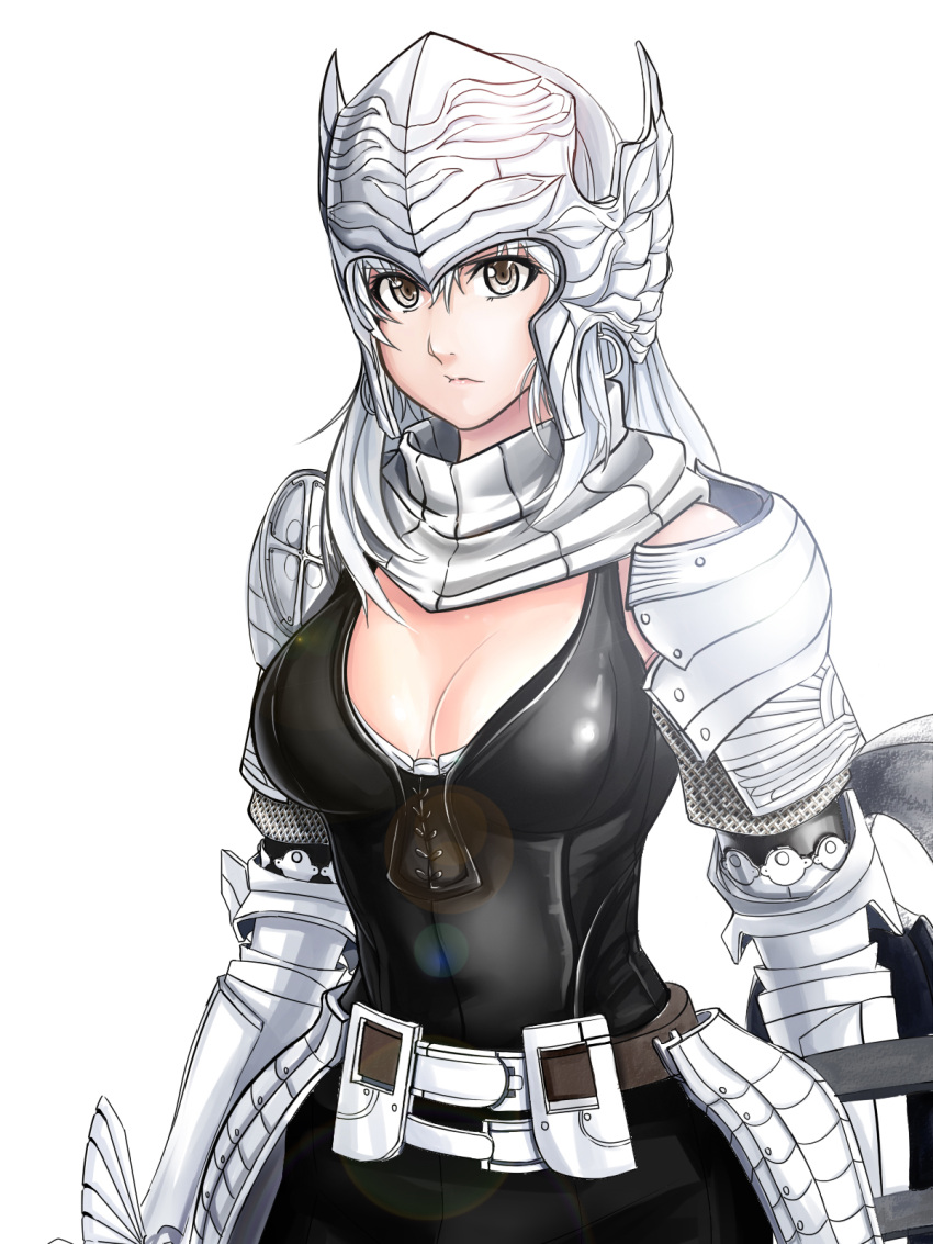 1girl armor belt breasts cleavage fiona_(mabinogi) gauntlets grey_eyes headgear helmet highres long_hair looking_at_viewer mabinogi mabinogi_heroes macline shoulder_pads solo upper_body white_background white_hair