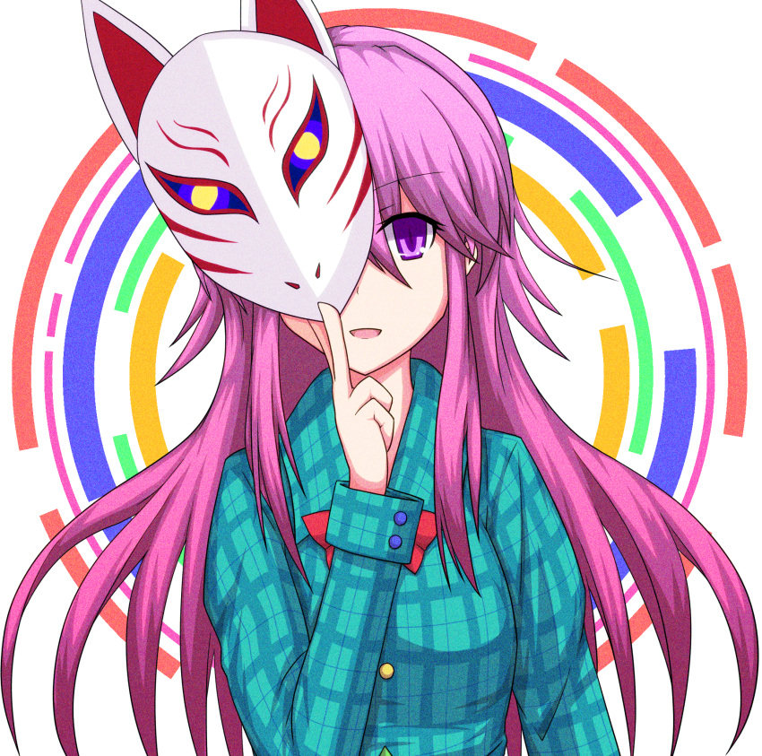 1girl blue_shirt bow fox_mask hakuhou_(ende_der_welt) hata_no_kokoro highres long_hair long_sleeves looking_at_viewer mask one_eye_covered open_mouth pink_hair plaid plaid_shirt shirt smile solo touhou upper_body violet_eyes