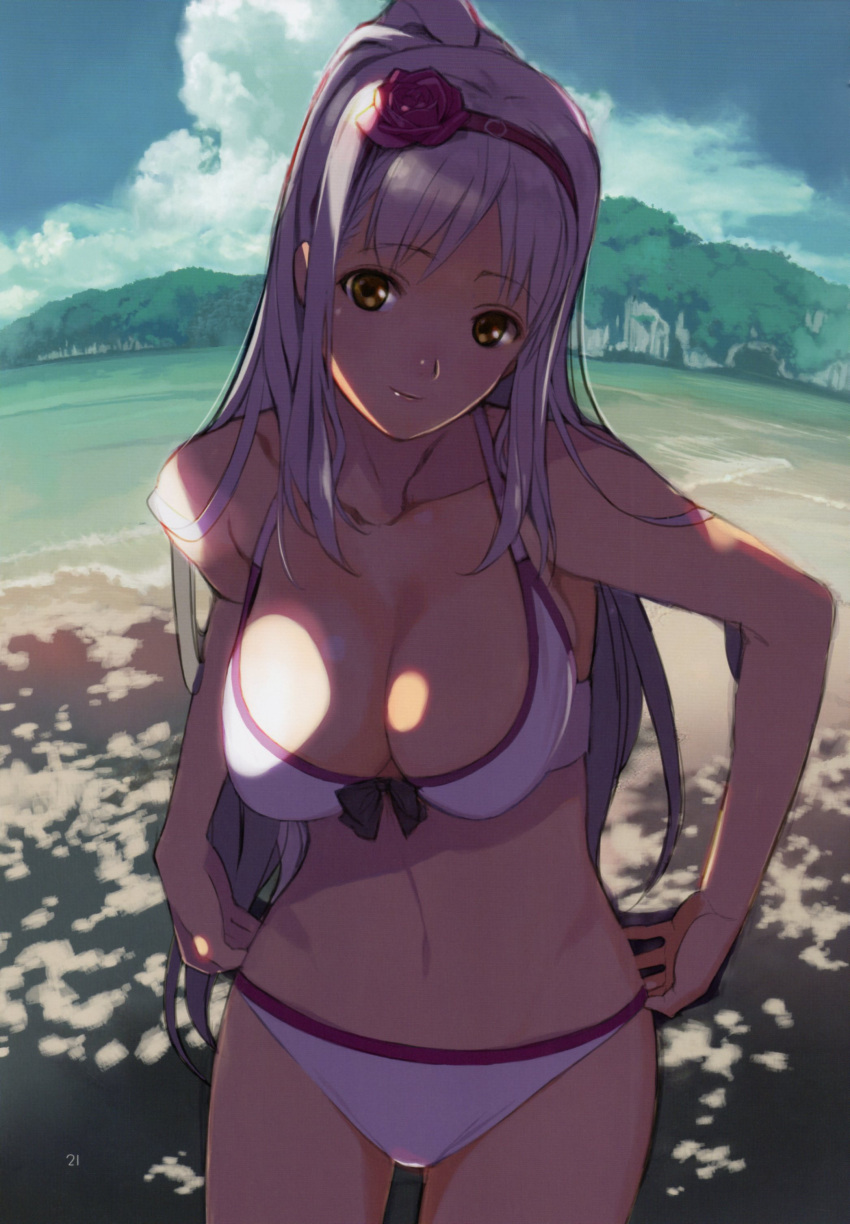 1girl absurdres beach bikini breasts brown_eyes cleavage flower hair_flower hair_ornament hairband highres kantai_collection large_breasts long_hair looking_at_viewer mibu_natsuki navel ponytail scan shoukaku_(kantai_collection) silver_hair smile solo swimsuit white_bikini white_swimsuit