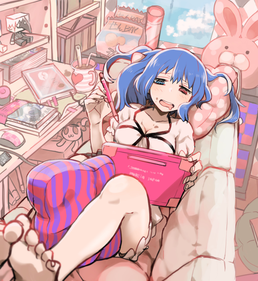 1girl bag_of_chips bloomers blue_eyes blue_hair blue_sky blush book bookshelf breasts character_doll cleavage clouds computer computer_mouse couch feet heart heterochromia highres kaneki_ken long_hair lying manga_(object) on_back open_mouth pajamas pencil pillow red_eyes sayu_(migiu) sky smile solo stuffed_animal stuffed_bunny stuffed_toy toes tokyo_ghoul tokyo_ghoul:re twintails underwear window yonebayashi_saiko