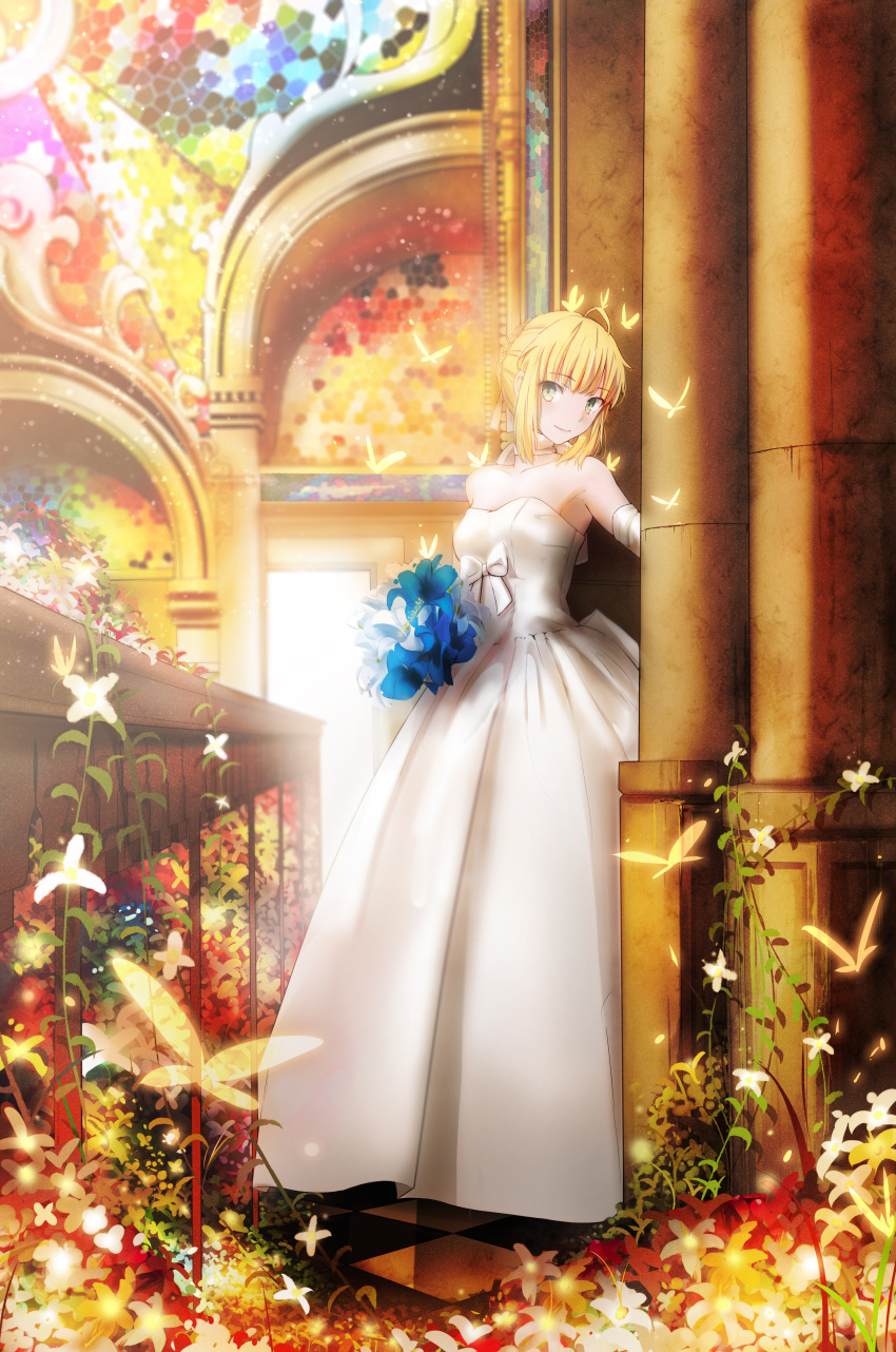 1girl absurdres ahoge bare blonde_hair bouquet bride butterfly elbow_gloves fate/stay_night fate_(series) flower gloves glowing green_eyes highres magicians_(zhkahogigzkh) official_style saber short_hair smile solo