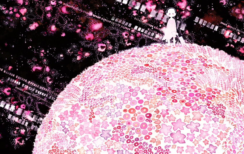 1girl abstract blush commentary_request dress field flower flower_field headphones highres looking_at_viewer original pink sleeveless solo standing tagme white_hair white_skin yoshida_yoshitsugi