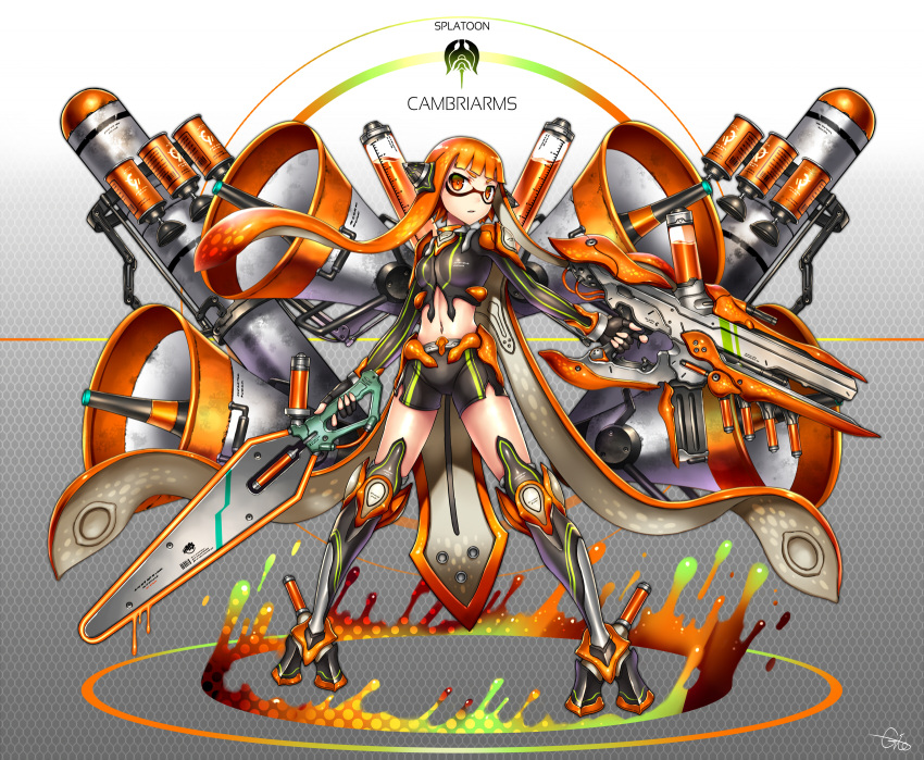 1girl bike_shorts copyright_name domino_mask fingerless_gloves full_body gia gloves gun headgear highres holding_gun honeycomb_background inkling kneehighs long_hair mask mecha_musume midriff orange_eyes orange_hair paint solo splatoon standing tentacle_hair torpedo weapon wide_stance