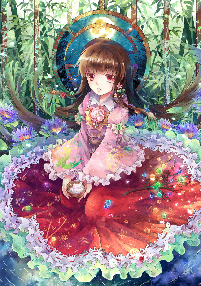 1girl absurdres bow branch brown_hair ekira_nieto floral_print flower frilled_skirt frills full_moon hair_flower hair_ornament highres houraisan_kaguya japanese_clothes jeweled_branch_of_hourai leaf light_particles long_hair long_skirt long_sleeves lotus moon parted_lips red_eyes shirt sitting skirt solo touhou wide_sleeves