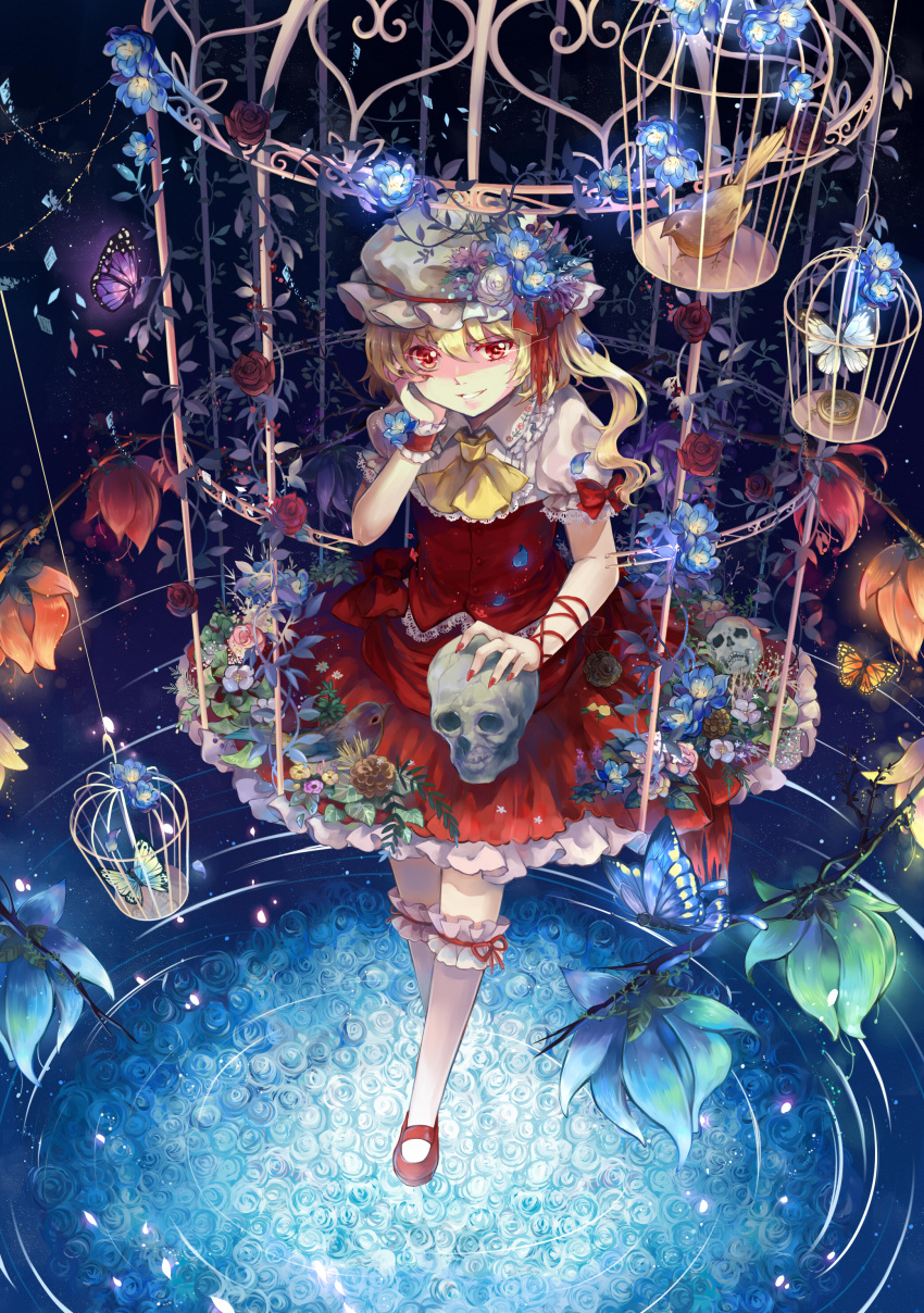 1girl absurdres animal arm_ribbon ascot asymmetrical_hair bird blonde_hair bow butterfly cage ekira_nieto evil_grin evil_smile flandre_scarlet flower frills full_body glowing glowing_eyes grin hat hat_flower hat_ribbon highres kneehighs leaf light_particles lock mary_janes mob_cap petals puffy_sleeves red_eyes ribbon rose shirt shoes short_sleeves side_ponytail skirt skirt_set skull smile solo touhou vest white_legwear wings wrist_cuffs