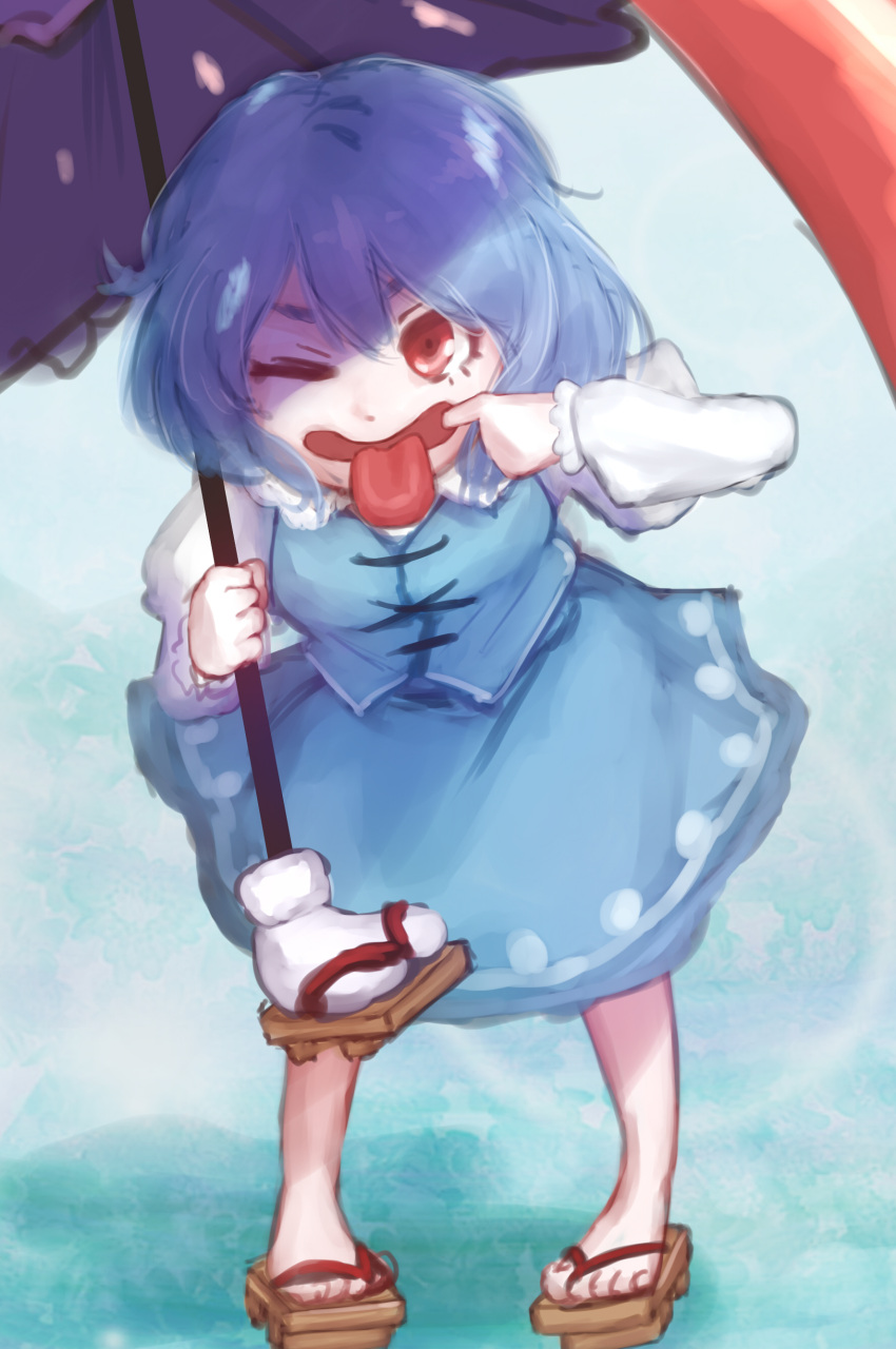 1girl absurdres blue_dress blue_hair dress hair_between_eyes highres hoshibuchi karakasa_obake long_sleeves mouth_pull one_eye_closed open_mouth puffy_long_sleeves puffy_sleeves red_eyes short_hair skirt skirt_set solo tatara_kogasa tongue tongue_out touhou umbrella