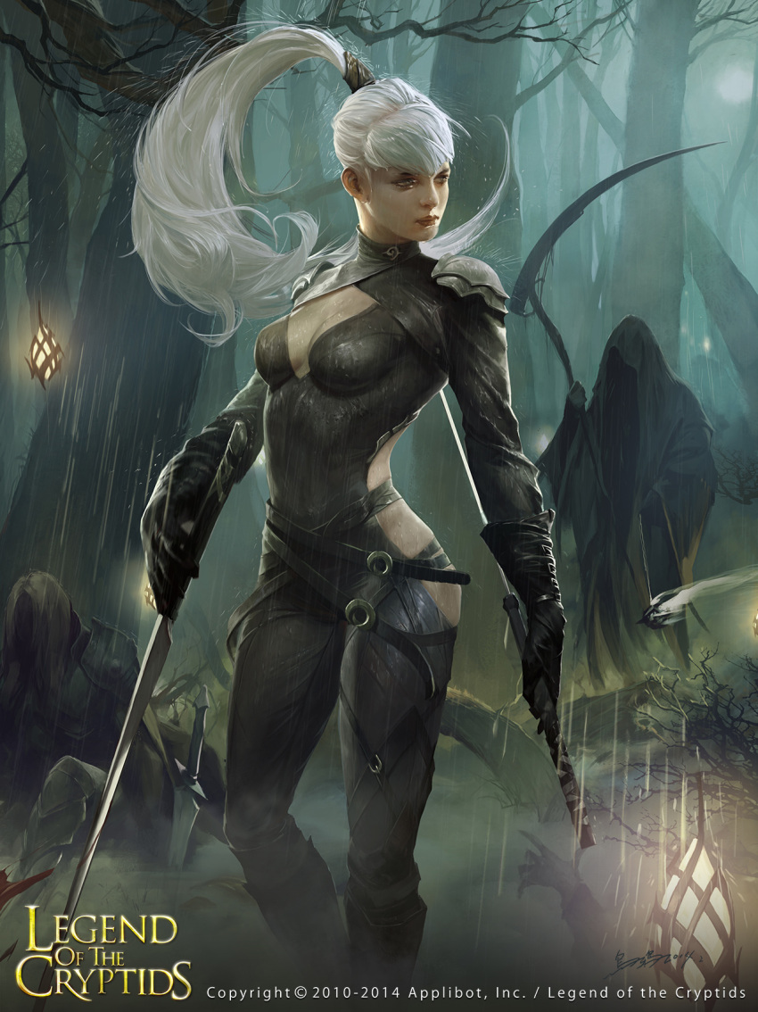 1girl black_clothes black_gloves breasts censer cleavage company_name copyright_name corpse crowgod death_(entity) dual_wielding gloves grim_reaper hands highres lantern legend_of_the_cryptids long_hair moon ponytail rain sword weapon white_hair