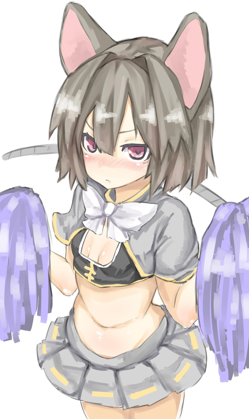 1girl absurdres alternate_costume animal_ears breasts capelet cheerleader cleavage embarrassed from_above grey_hair hair_between_eyes highres masuo midriff miniskirt mouse_ears mouse_tail nazrin pleated_skirt pom_poms red_eyes short_sleeves skirt small_breasts solo tail touhou tsundere