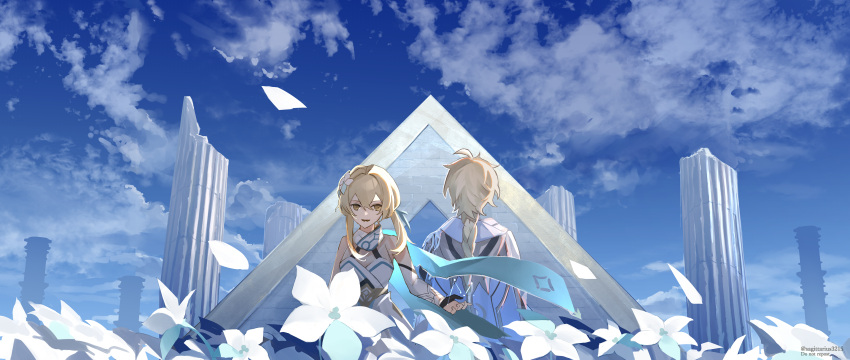 1boy 1girl absurdres aether_(genshin_impact) bangs blonde_hair blue_sky braid braided_ponytail clouds commentary_request constellation dress elbow_gloves facing_away fingerless_gloves flower genshin_impact gloves hair_flower hair_ornament hand_up highres kukatsuma long_hair looking_to_the_side lumine_(genshin_impact) open_mouth outdoors pillar ruins scarf short_hair short_hair_with_long_locks sidelocks sky sleeveless sleeveless_dress smile upper_body white_dress white_flower white_gloves white_scarf yellow_eyes