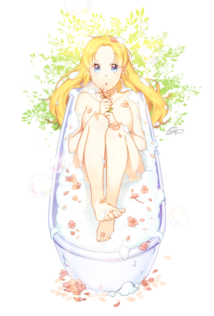 1girl barefoot bathtub blonde_hair blue_eyes bubble flower foam highres legs long_hair nude original solo white_background