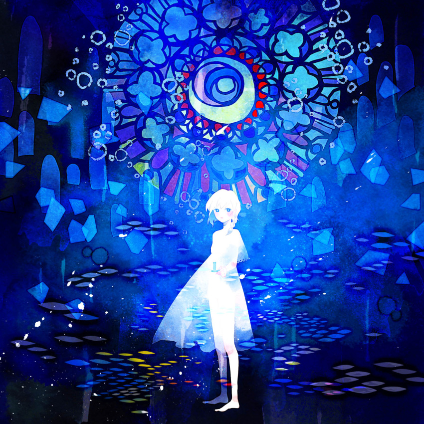 1girl abstract album_cover barefoot blue blush candle cover highres holding lace-trimmed_sleeves original see-through_silhouette short_sleeves solo stained_glass standing yoshida_yoshitsugi