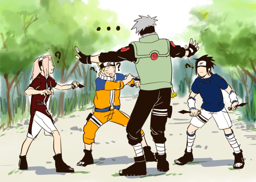 1girl 3boys ? bell black_hair blonde_hair dual_wielding fingerless_gloves forehead_protector gloves grey_hair harububa haruno_sakura hatake_kakashi jurassic_park jurassic_world konohagakure_symbol kunai meme multiple_boys naruto open_toe_shoes outdoors outstretched_arms parody pink_hair prattkeeping shoes short_hair sketch spiky_hair uchiha_sasuke uzumaki_naruto weapon