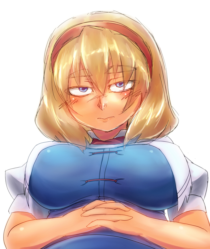 1girl alice_margatroid blonde_hair blue_eyes blush breasts capelet eyebrows flat_gaze hairband hands_clasped highres large_breasts short_hair short_sleeves sketch thick_eyebrows tora_(trampjing) touhou