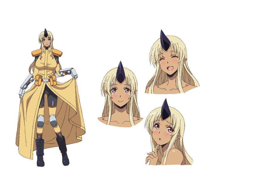 1girl blonde_hair blush boots breasts collarbone dark_skin elbow_pads facial_expressions fang full_body gauntlets highres horn knee_pads large_breasts long_hair monster_musume_no_iru_nichijou official_art oni pointy_ears red_eyes shoulder_pads simple_background smile solo tionishia uniform white_background