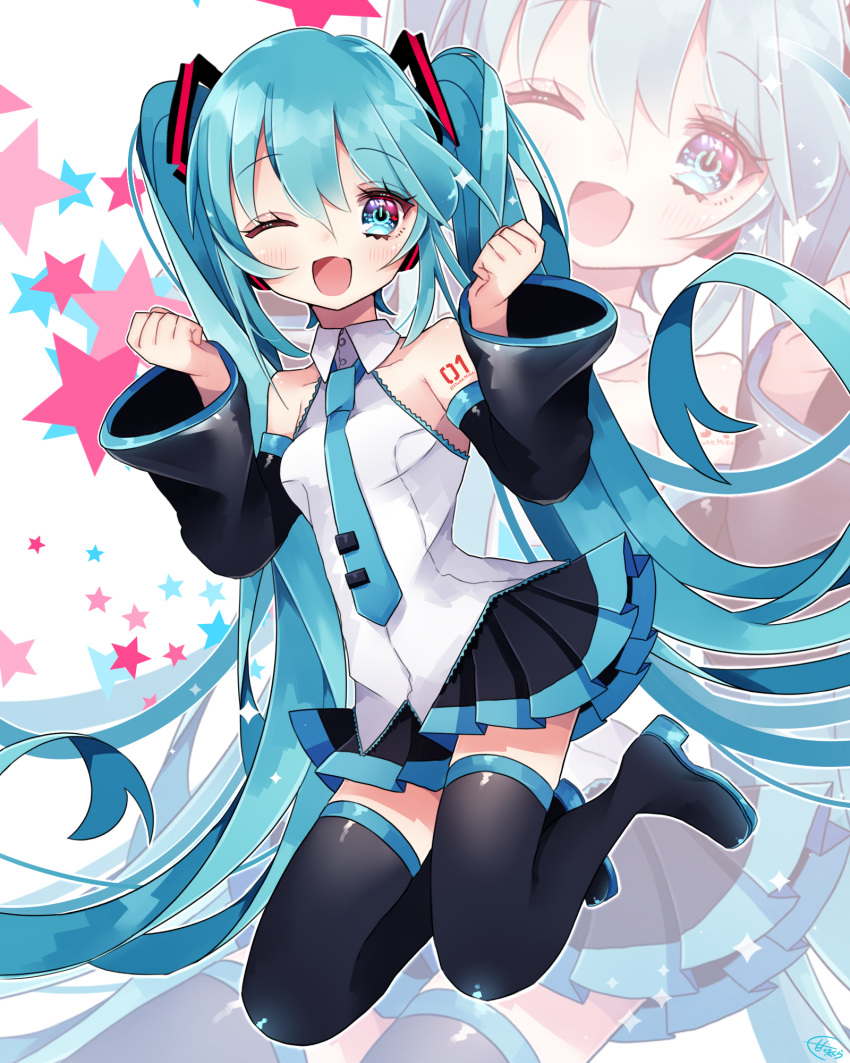 1girl :d bangs blue_eyes blue_hair blush boots collared_shirt hair_ornament hatsune_miku highres jumping koyubisennti long_hair necktie one_eye_closed open_mouth pleated_skirt power_symbol-shaped_pupils shirt skirt sleeveless sleeveless_shirt smile solo star_(symbol) symbol-shaped_pupils thigh_boots twintails very_long_hair vocaloid zoom_layer