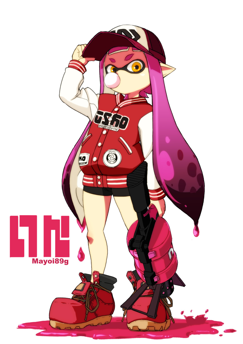 1girl absurdres baseball_cap bike_shorts boots bubble bubble_blowing bubblegum hat highres inkling letterman_jacket long_hair long_sleeves mask mayoi89g pink_hair pointy_ears shoes solo splatoon tentacle_hair yellow_eyes