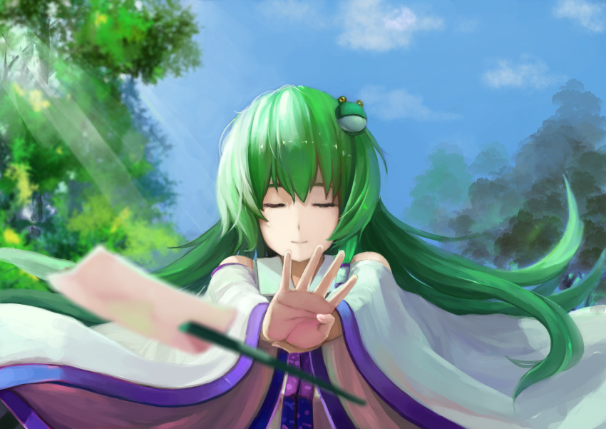 1girl absurdres blue_sky blurry closed_eyes concentrating depth_of_field detached_sleeves floating_hair floating_object forest frog_hair_ornament green_hair hair_ornament hair_tubes highres hoshino_arika kochiya_sanae light_rays long_hair nature nontraditional_miko oonusa open_hand sky sleeveless solo stance sunlight touhou tree upper_body very_long_hair
