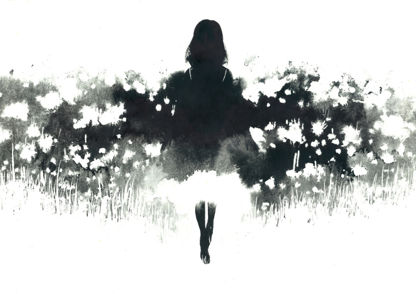 1girl barefoot field flower flower_field greyscale monochrome negative nove_(tsuji) original silhouette solo white