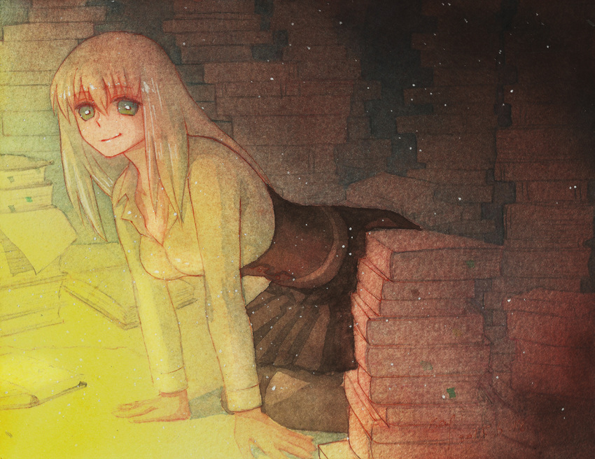 1girl all_fours bangs blonde_hair book book_stack dark_room green_eyes light pixiv_fantasia pixiv_fantasia_t pleated_skirt sagi skirt smile solo traditional_media watercolor_(medium)