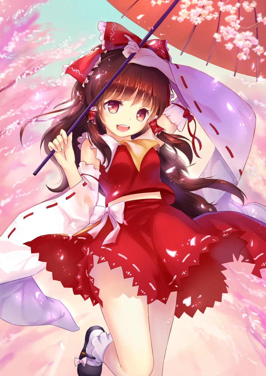 1girl arm_up ascot bow brown_hair cherry_blossoms detached_sleeves hair_ornament hair_ribbon hair_tubes hakurei_reimu highres japanese_clothes leisikukki long_hair long_sleeves looking_at_viewer mary_janes miko open_mouth oriental_umbrella petals red_eyes ribbon shirt shoes skirt skirt_set smile socks solo standing_on_one_leg touhou umbrella upskirt white_legwear wide_sleeves