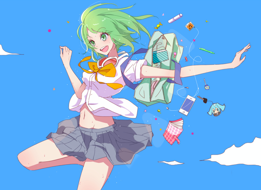 1girl :d blue_sky candy gnosis_(ylyk) green_eyes green_hair groin gumi highres midriff navel open_mouth skirt sky smile solo summer vocaloid