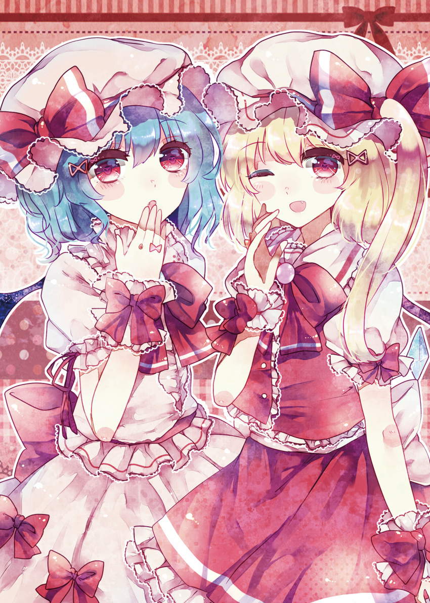 2girls absurdres blonde_hair blue_hair bow dress fang flandre_scarlet ginzuki_ringo hair_ornament hairclip hand_to_own_mouth hat hat_bow highres looking_at_viewer mob_cap multiple_girls one_eye_closed open_mouth pink_dress pink_eyes puffy_short_sleeves puffy_sleeves remilia_scarlet sash shirt short_sleeves siblings side_ponytail sisters skirt skirt_set smile touhou vest wrist_cuffs