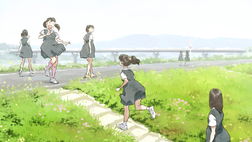 ankle_socks bridge commentary grass highres jumper kneehighs levee long_hair looking_back multiple_girls original ponytail road_sign running school_uniform short_hair short_twintails sign smile stairs tnt_(aaaazzzz) twintails walking waving