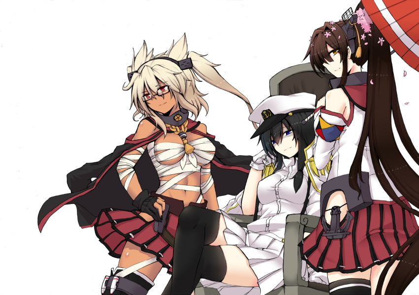 black_hair blonde_hair blue_eyes breasts brown_eyes brown_hair budget_sarashi chair cherry_blossoms collarbone dark_skin detached_sleeves female_admiral_(kantai_collection) flower fumotewi glasses gloves hair_flower hair_ornament hand_on_hip hat headgear highres kantai_collection large_breasts light_smile long_hair looking_at_viewer looking_back looking_to_the_side military military_uniform miniskirt multiple_girls musashi_(kantai_collection) naval_uniform navel oriental_umbrella pleated_skirt ponytail red_eyes sarashi shaded_face short_hair short_sleeves simple_background single_thighhigh sitting skirt standing thigh-highs twintails two_side_up umbrella uniform very_long_hair white_background yamato_(kantai_collection) zettai_ryouiki