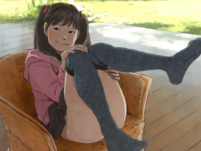 1girl 3: chair commentary convenient_leg glance highres hoodie no_panties original over-kneehighs sitting skirt solo thigh-highs tnt_(aaaazzzz) twintails unmoving_pattern