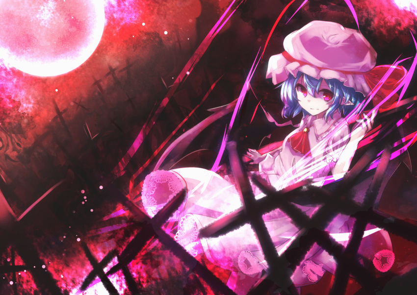 1girl ascot blue_hair brooch cross dutch_angle full_moon hat hat_ribbon highres jewelry lace-trimmed_skirt light_particles light_smile light_trail looking_at_viewer mob_cap moon pointy_ears red_eyes red_moon red_sky remilia_scarlet ribbon short_hair skirt skirt_set sky solo touhou yoshita21007