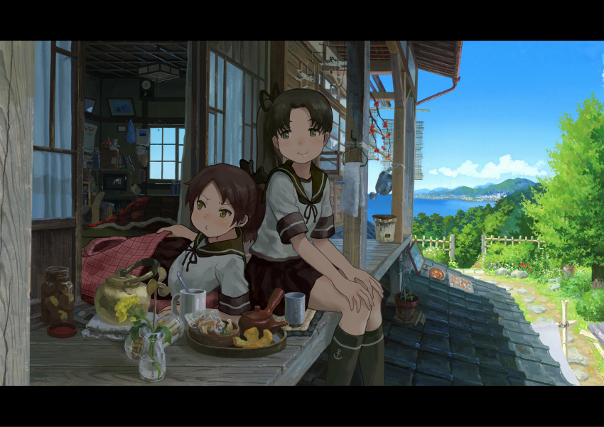 2girls airplane anchor_symbol ayanami_(kantai_collection) black_legwear blanket book bow brown_hair calendar_(object) clock clouds cup fence flower green_eyes hair_bow hair_ribbon highres jar kantai_collection kotatsu letterboxed looking_at_another looking_away lying multiple_girls on_side orange_peel paint_(medium) picture_frame plant ponytail porch pot potted_plant pout ribbon school_uniform serafuku shijukara_(great_tit) shikinami_(kantai_collection) side_ponytail sitting sky snack table tagme teapot television towel traditional_media trash_can tree watering_can window