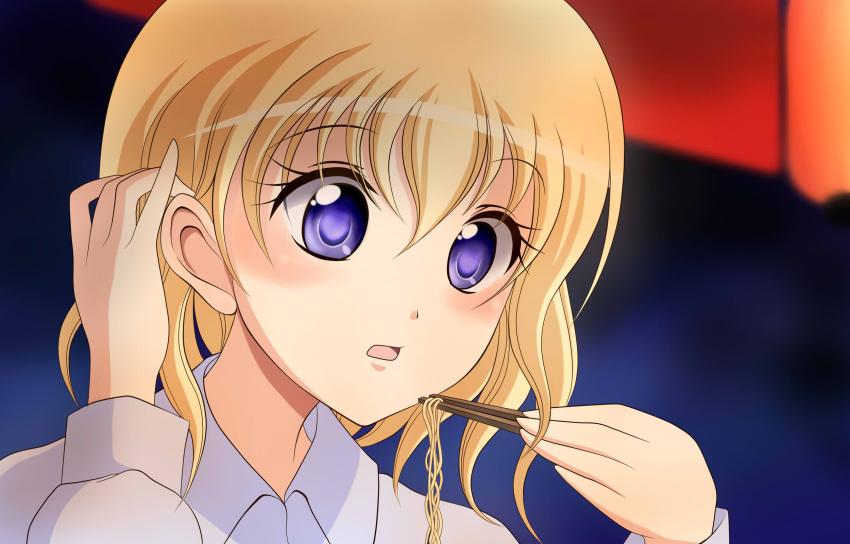 1girl anime_coloring anyohase blonde_hair blue_background blue_eyes chopsticks curtains face facing_away food hand_in_hair highres long_sleeves maribel_hearn no_hat noodles open_mouth ramen solo touhou upper_body