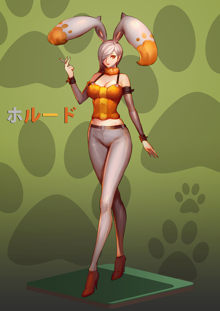 1girl animal_ears bare_shoulders breasts cigarette detached_sleeves diggersby full_body grey_hair high_heels highres long_hair personification pokemon pokemon_(game) pokemon_xy red_eyes ryushin solo standing