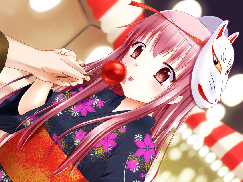 1girl absurdres alternate_costume blurry candy_apple depth_of_field dutch_angle festival floral_print fox_mask hands_together hata_no_kokoro highres japanese_clothes kimono long_hair mask obi out_of_frame payot pink_eyes pink_hair sash solo tongue tongue_out touhou tsujimoto_nao yukata