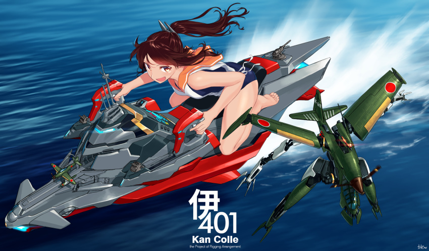 1girl bare_legs barefoot blew_andwhite brown_eyes brown_hair engrish highres i-401_(kantai_collection) jet_ski kantai_collection long_hair mecha ranguage school_swimsuit solo swimsuit swimsuit_under_clothes water