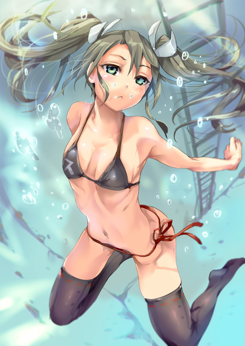 1girl :&lt; absurdres air_bubble armadillo-tokage bikini black_legwear breasts green_eyes green_hair highres kantai_collection ladder navel outstretched_arms ribbon-trimmed_legwear ribbon_trim ribs side-tie_bikini small_breasts solo submerged swimsuit thigh-highs twintails underwater zuikaku_(kantai_collection)