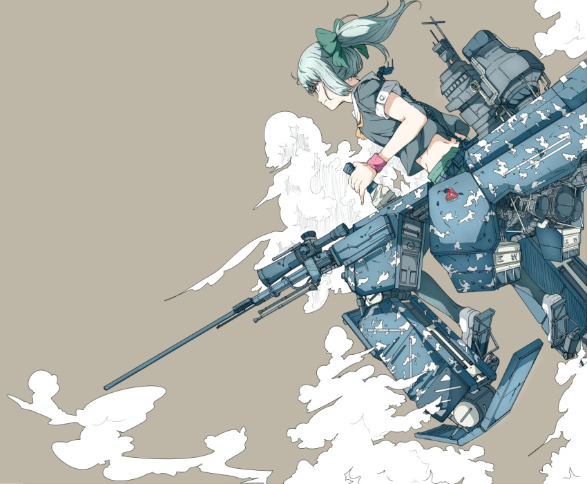 1girl bow brown_background camouflage clouds green_hair gun hair_bow kantai_collection machinery ninimo_nimo ponytail school_uniform sitting solo tagme thrusters weapon wristband yuubari_(kantai_collection)