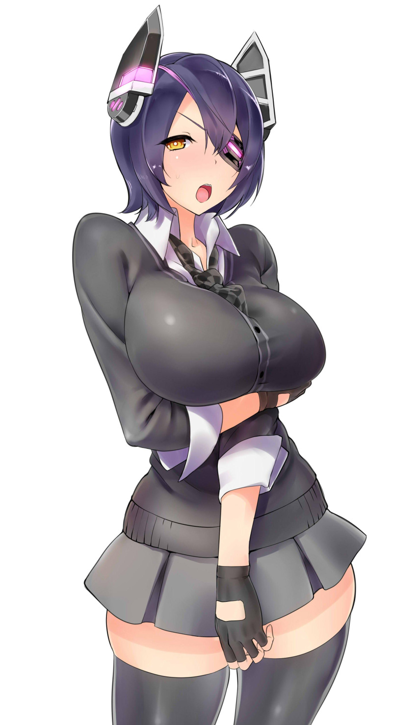 1girl absurdres black_legwear blush breast_hold breasts cardigan cowboy_shot eyepatch fingerless_gloves gloves headgear highres impossible_clothes kantai_collection large_breasts looking_at_viewer necktie purple_hair short_hair simple_background skirt solo tenryuu_(kantai_collection) thigh-highs tori_kaku white_background yellow_eyes