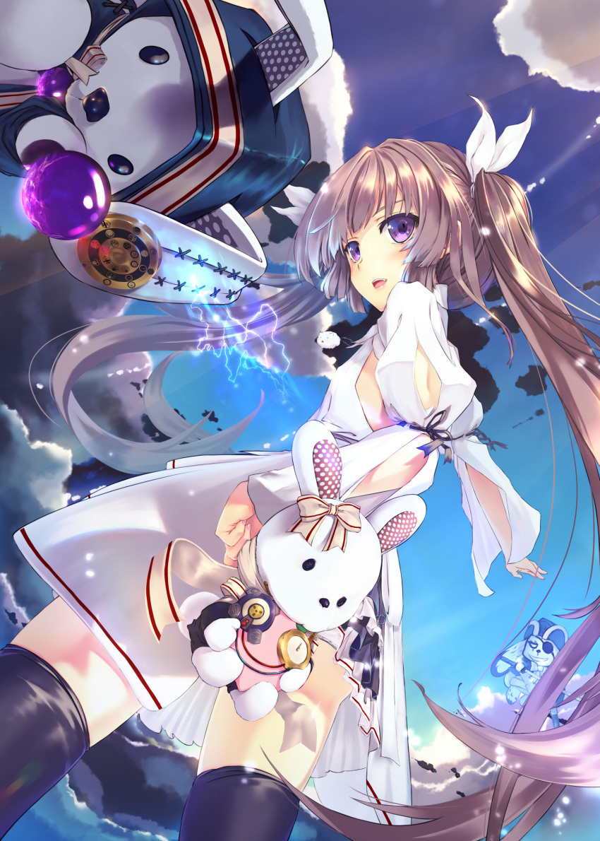 1girl 54cr black_legwear brown_hair clouds dress dutch_angle electricity hair_ribbon highres long_hair looking_back open_mouth original ribbon solo stuffed_animal stuffed_bunny stuffed_toy tagme thigh-highs very_long_hair violet_eyes