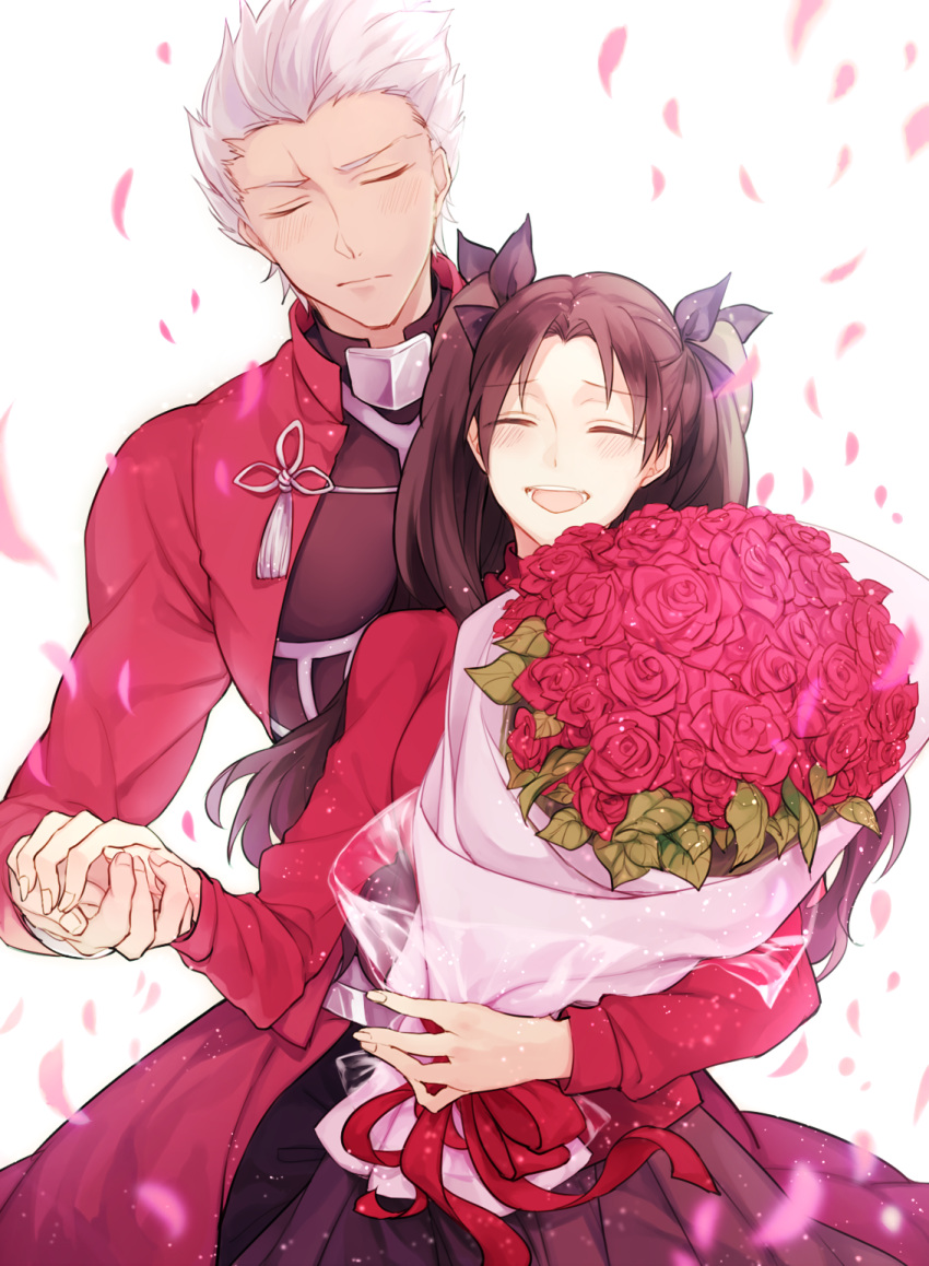 1boy 1girl ^_^ archer black_hair blush bouquet closed_eyes fate/stay_night fate_(series) flower highres holding_hands long_hair open_mouth petals ribbon rose short_hair smile tohsaka_rin toosaka_rin twintails white_background white_hair wowishi