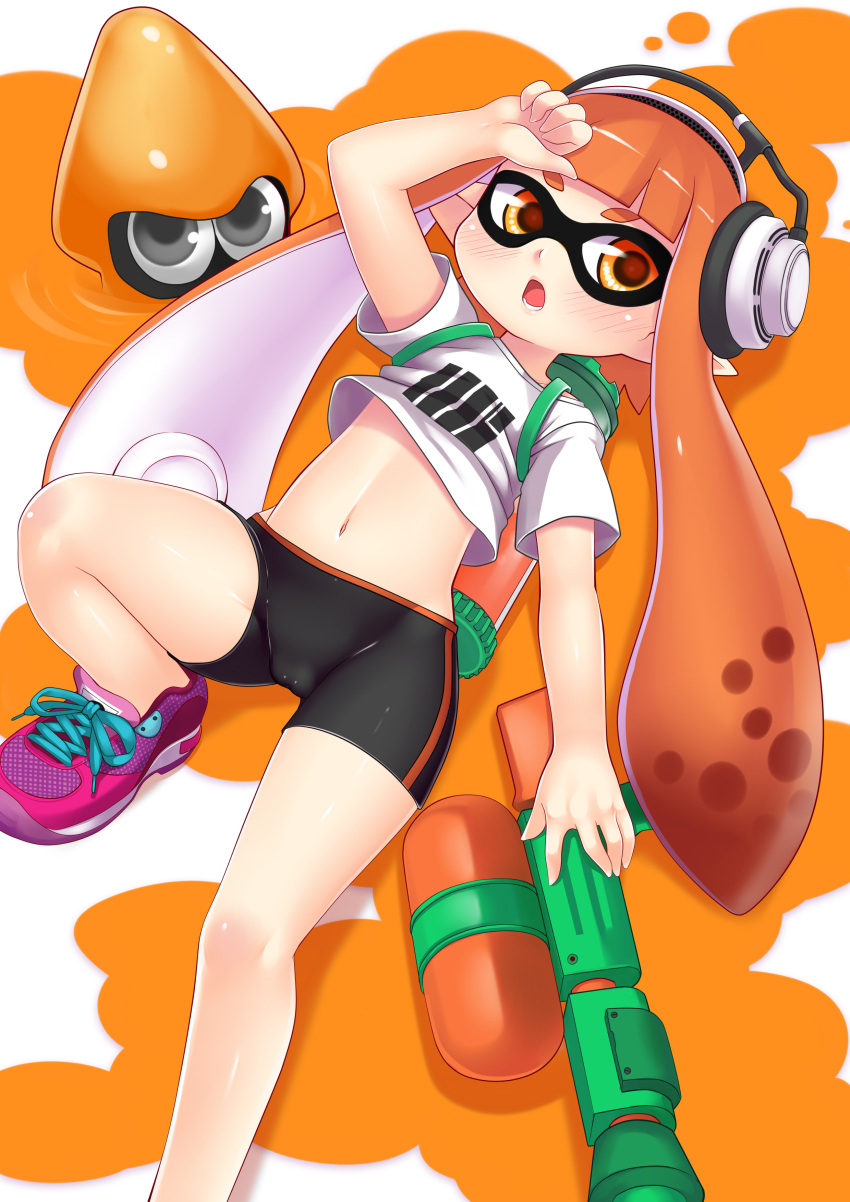 1girl absurdres amber_eyes bike_shorts blush brown_hair headphones highres inkling langlong looking_at_viewer lying mask midriff navel on_back open_mouth pointy_ears shirt solo splatoon super_soaker tentacle_hair