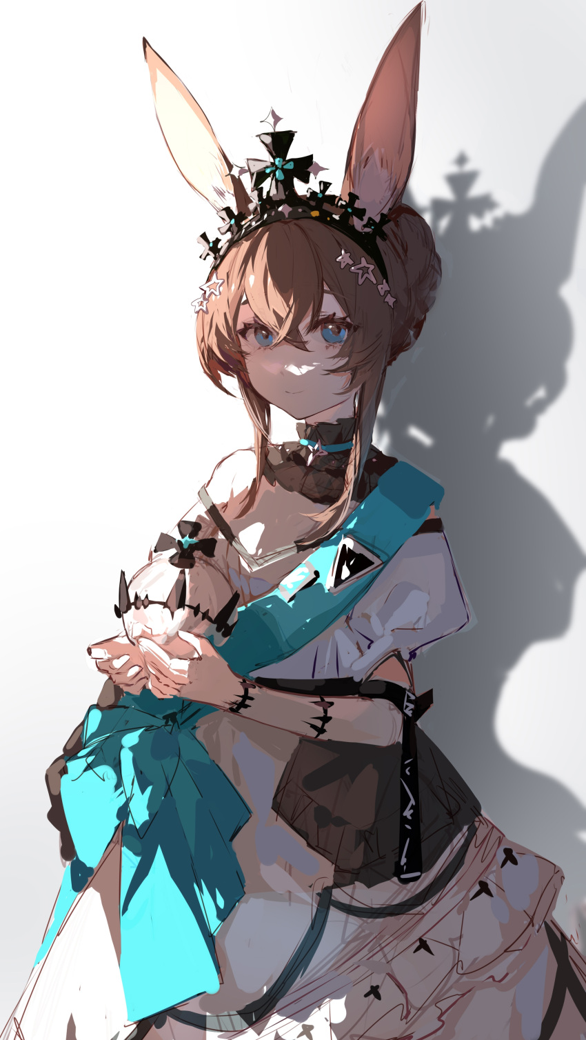 1girl absurdres ambience_synesthesia amiya_(arknights) animal_ear_fluff animal_ears arknights blue_eyes blue_ribbon brown_hair closed_mouth cowboy_shot dress globus_cruciger hair_between_eyes hair_ornament highres holding looking_at_viewer official_alternate_costume oripathy_lesion_(arknights) puffy_short_sleeves puffy_sleeves rabbit_ears ribbon shadow short_sleeves sidelocks simple_background sketch smile solo star_(symbol) star_hair_ornament tiara white_background white_dress yan_ge