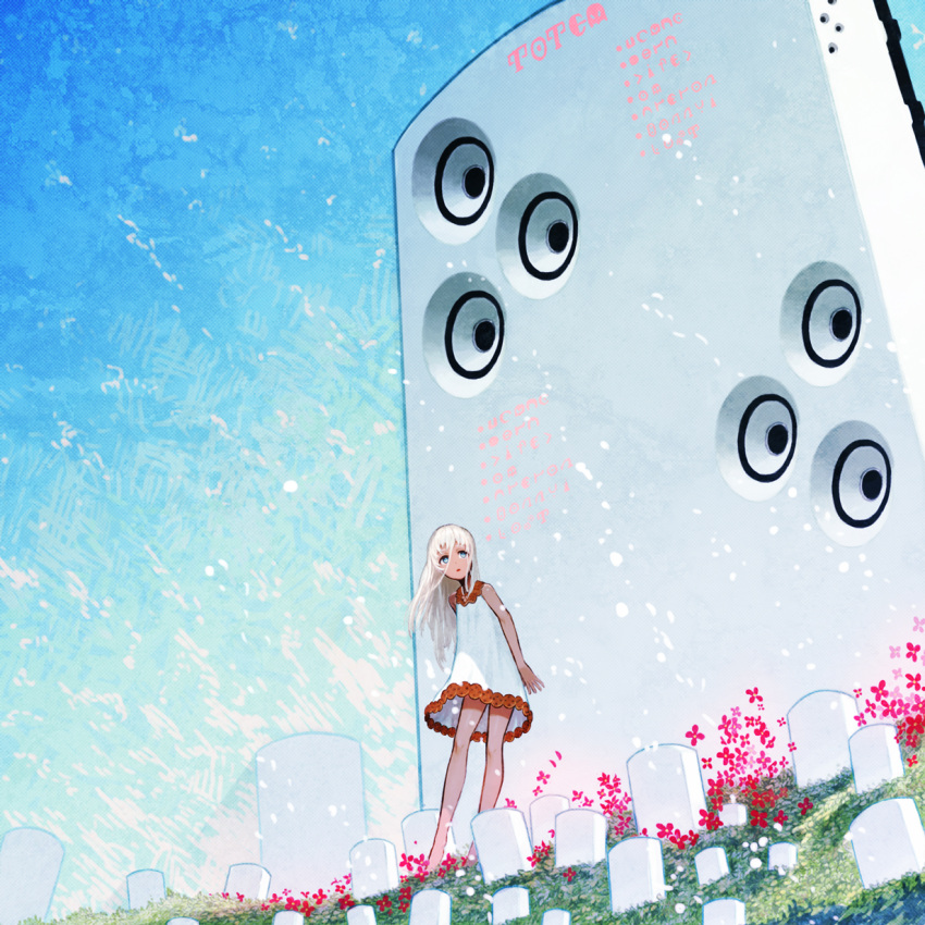 1girl arms_at_sides asgr blue_eyes dress flower gradient hecatoncheir highres leaning_back long_hair looking_up original polka_dot polka_dot_background snow solo standing sundress surreal white_hair