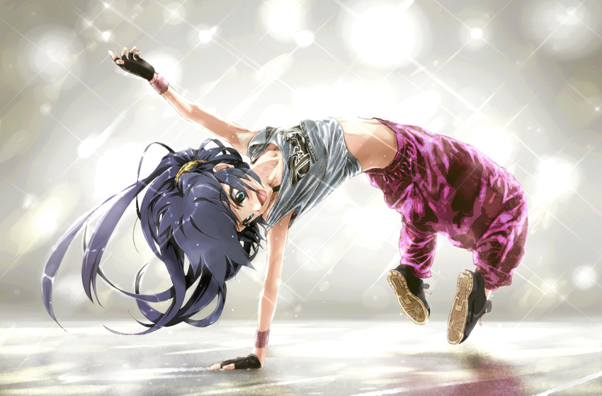 1girl artist_request baggy_pants black_hair blue_eyes blush breakdance dancing fingerless_gloves flying_sweatdrops ganaha_hibiki gloves handstand idolmaster long_hair navel open_mouth pants ponytail shoes smile sneakers solo sweat tank_top
