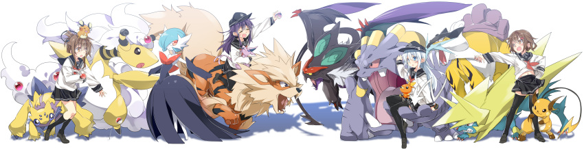 &gt;:d &gt;_&lt; 4girls :d :o absurdres akatsuki_(kantai_collection) ampharos anchor_symbol arcanine arm_up black_legwear black_skirt blue_eyes brown_eyes brown_hair carrying crossover dedenne espeon exploud fang flat_cap folded_ponytail galvantula gardevoir hair_ornament hairclip hat hibiki_(kantai_collection) highres ikazuchi_(kantai_collection) inazuma_(kantai_collection) kantai_collection long_hair long_sleeves manectric mega_ampharos mega_gardevoir mega_manectric mega_pokemon midriff mtu_(orewamuzituda) multiple_girls namesake navel neckerchief noivern open_mouth pantyhose pleated_skirt poke_ball pokemon pokemon_(creature) pun purple_hair raichu raikou riding sailor_collar school_uniform serafuku shoes short_hair simple_background sitting sitting_on_hand skirt smile thigh-highs torchic white_background white_hair