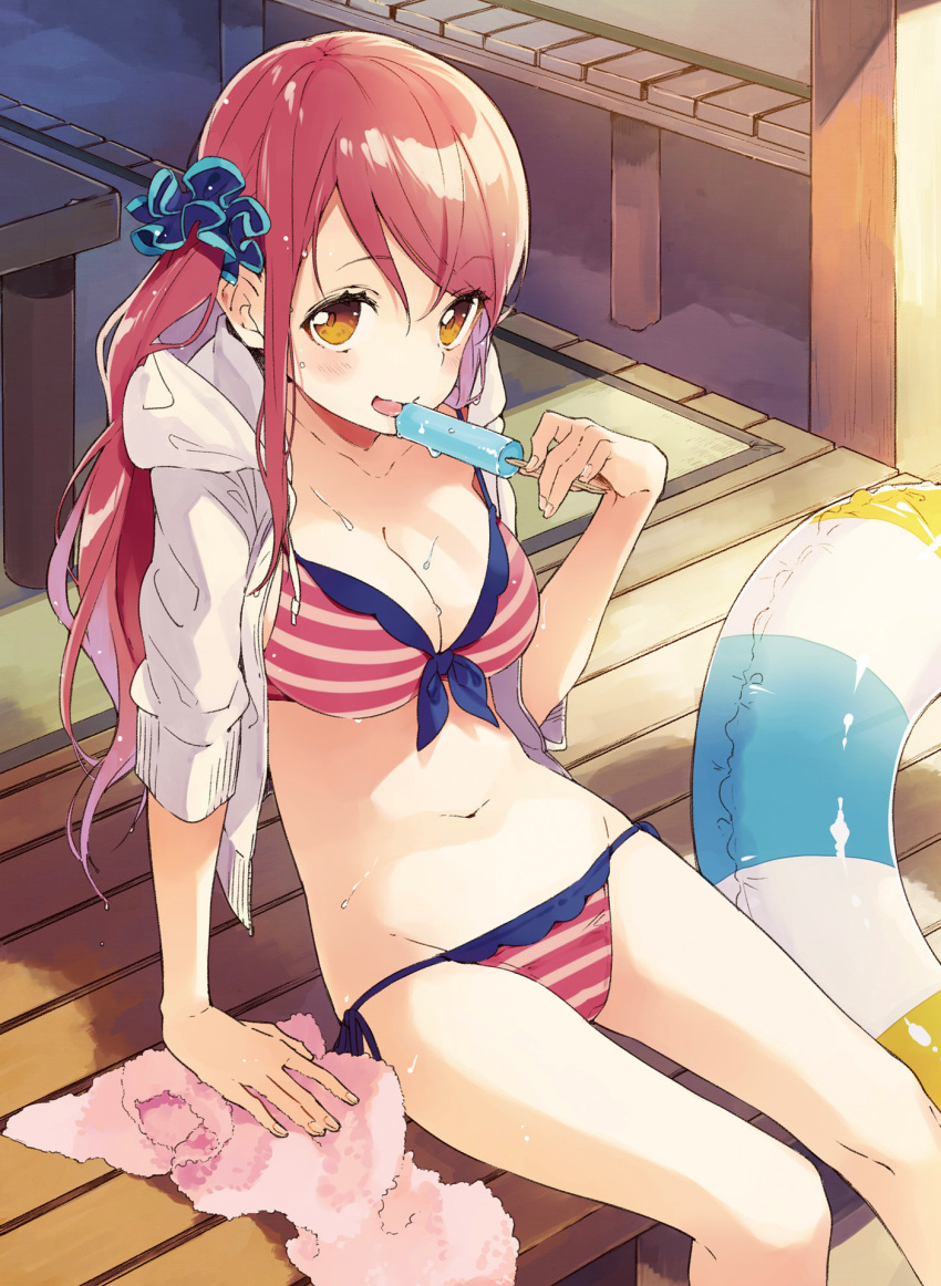 1girl arm_support bangs bikini blush booota breasts brown_eyes cleavage dengeki_moeou front-tie_top highres hooded_jacket hoodie innertube leaning_back licking looking_at_viewer navel one_side_up open_clothes open_hoodie payot pink_hair popsicle scan scrunchie side-tie_bikini sitting smile solo striped striped_bikini striped_swimsuit sweat swept_bangs swimsuit tongue tongue_out towel
