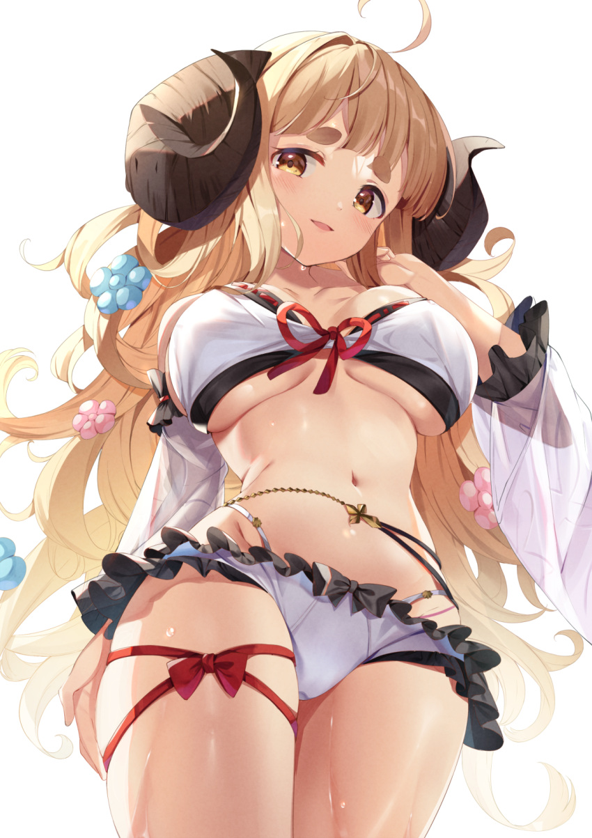 1girl ahoge anila_(granblue_fantasy) arm_behind_back bangs bikini blonde_hair breasts chiro_(norishiro_michiro) commentary_request curled_horns draph front-tie_bikini front-tie_top granblue_fantasy hand_up highres horns large_breasts long_hair looking_at_viewer open_mouth red_ribbon ribbon ribbon-trimmed_bikini sheep_horns short_eyebrows simple_background solo standing swimsuit thick_eyebrows white_background yellow_eyes