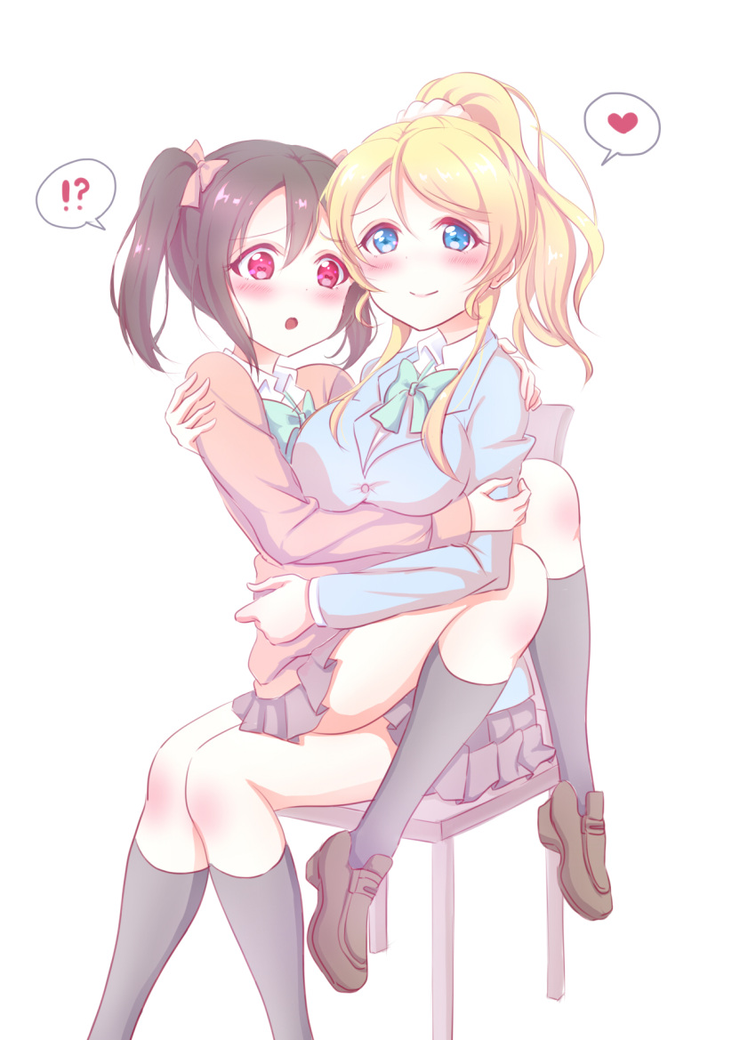 !? 2girls :o ayase_eli black_hair black_legwear blonde_hair blue_eyes blush bow brown_shoes chair commentary_request hair_bow heart heart-shaped_pupils highres holding love_live!_school_idol_project multiple_girls pipette_(artist) ponytail red_eyes school_uniform scrunchie shirt shoes sitting smile socks spoken_heart symbol-shaped_pupils twintails white_background yazawa_nico yuri