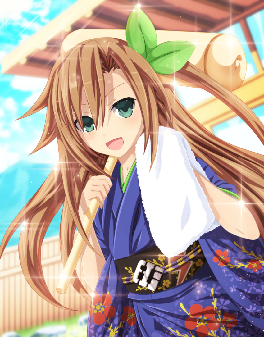 1girl bow brown_hair choujigen_game_neptune derivative_work green_eyes hair_bow hammer highres if_(choujigen_game_neptune) japanese_clothes kimono long_hair looking_at_viewer neptune_(series) planeptune smile solo sparkle towel