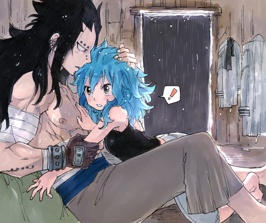 ! bandages black_hair blue_hair blush couple eyebrow_piercing fairy_tail gajeel_redfox hand_on_another's_chest hand_on_another's_head levy_mcgarden messy_hair nose_piercing piercing rusky shirtless spoken_exclamation_mark surprised wet wet_hair